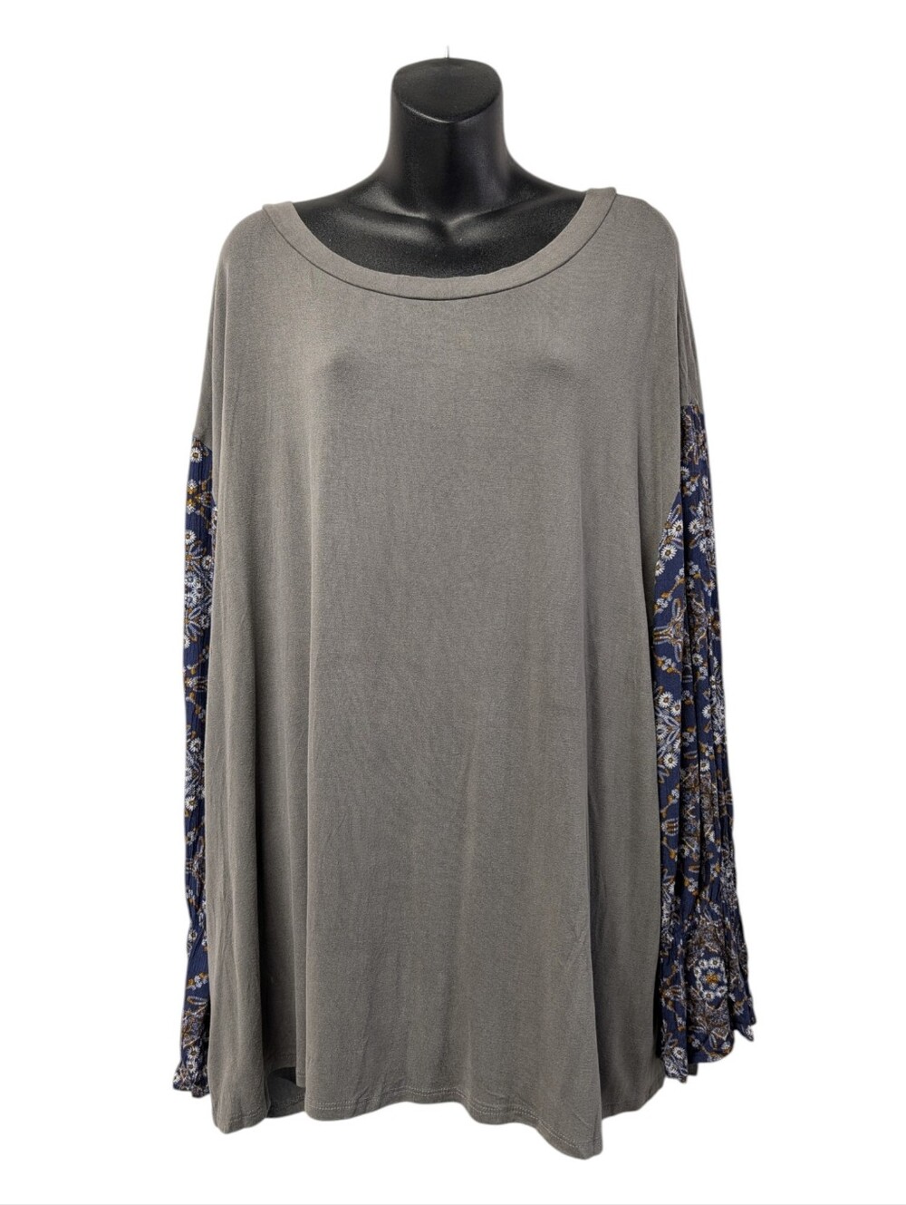 ODDI Gray Floral Smocked Sleeve Top 3XL Boho Tunic Long Sleeve Rayon Shirt